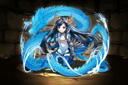 Rule 34 | 1girl, animal ears, blue eyes, blue thighhighs, boots, china dress, chinese clothes, dragon, dragon ears, dragon girl, dragon horns, dragon tail, dress, fins, gauntlets, head fins, horns, karin (p&amp;d), kneeling, long hair, magma chipmunk, monster girl, puzzle &amp; dragons, seiryuu (p&amp;d), smile, spiked knuckles, tail, thigh boots, thighhighs