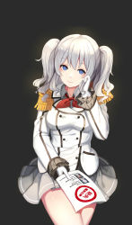 Rule 34 | 10s, 1girl, asagumo (kancolle), blue eyes, cowboy shot, gloves, hand in own hair, highres, kantai collection, kashima (kancolle), long hair, long sleeves, looking at viewer, military, military uniform, shirt, silver hair, skirt, smile, solo, thighs, twintails, umikaze (kancolle), uniform, white gloves, yingji (zszero)