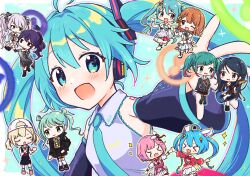 &gt;_&lt; 25-ji_miku 6+girls :d absurdres ahoge aoiyui asahina_mafuyu azusawa_kohane black_hair black_sleeves blonde_hair blue_eyes blue_hair blue_necktie blush chibi chibi_inset collared_shirt detached_sleeves dot_nose frilled_shirt frills from_side hair_intakes hair_ornament hanasato_minori hatsune_miku headphones heterochromia highres hoshino_ichika_(project_sekai) leo/need_miku long_hair long_sleeves looking_at_viewer more_more_jump!_miku multiple_girls multiple_persona necktie number_tattoo ootori_emu open_mouth orange_hair pink_eyes pink_hair project_sekai purple_hair shirt signature sleeveless sleeveless_shirt smile tattoo vivid_bad_squad_miku vocaloid white_hair white_shirt wonderlands_x_showtime_miku