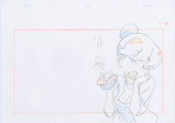 Rule 34 | 10s, 1girl, color trace, commentary, hair bun, highres, key frame, kill la kill, mankanshoku sukuyo, official art, partially colored, production art, production note, promotional art, sad, short hair, simple background, single hair bun, sketch, solo, trigger (company), very short hair, wallet, white background