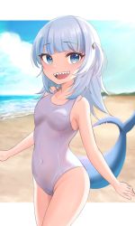 Rule 34 | 1girl, 9696k, bare shoulders, beach, blue eyes, blue hair, blue sky, blunt bangs, breasts, cloud, fins, fish tail, gawr gura, hair ornament, hololive, hololive english, long hair, looking at viewer, multicolored hair, navel, ocean, one-piece swimsuit, open mouth, shark girl, shark hair ornament, shark tail, sharp teeth, shore, short twintails, sky, small breasts, solo, streaked hair, swimsuit, tail, teeth, twintails, virtual youtuber, water, white hair, white one-piece swimsuit