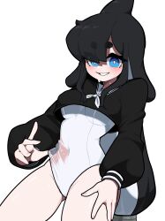 Rule 34 | 1girl, absurdres, black hair, black shirt, blue eyes, breasts, commentary request, covered navel, crop top, eyes visible through hair, grin, hair over one eye, highres, long hair, long sleeves, looking at viewer, medium breasts, min lona, one-piece swimsuit, original, puffy long sleeves, puffy sleeves, see-through, sharp teeth, shirt, short eyebrows, simple background, smile, solo, swimsuit, swimsuit under clothes, teeth, thick eyebrows, wet, wet clothes, wet swimsuit, white background, white one-piece swimsuit
