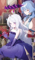 Rule 34 | 2girls, adjusting another&#039;s hair, ahoge, ako (blue archive), ako (dress) (blue archive), blue archive, blue dress, blue hair, blush, breasts, cleavage, closed eyes, cuffs, demon horns, dress, elbow gloves, fingernails, flat chest, gloves, grey hair, hair brush, halo, highres, hina (blue archive), hina (dress) (blue archive), horns, indoors, jewelry, large breasts, looking at viewer, mirror, multiple girls, nail polish, necklace, official alternate costume, oomabiblogo2, purple dress, purple gloves, shackles, sideless dress, sideways glance, sitting, smile, standing, strapless, strapless dress, unworn jewelry, unworn necklace, waving arms