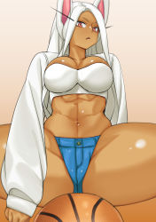 Rule 34 | 1girl, abs, animal ears, basketball, blue shorts, blush, boku no hero academia, breasts, dark-skinned female, dark skin, gloves, highres, jacket, large breasts, long eyelashes, long sleeves, looking at viewer, mirko, muscular, muscular female, parted lips, rabbit ears, rabbit girl, red eyes, short shorts, shorts, shosho oekaki, solo, strapless top, thick thighs, thighs, white jacket