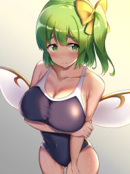 Rule 34 | 1girl, blush, bow, breasts, closed mouth, collarbone, covered navel, daiyousei, fairy wings, gradient background, green hair, grey background, hair bow, highres, large breasts, nagomian, one-piece swimsuit, short hair, side ponytail, solo, swimsuit, thighs, touhou, wings, yellow bow
