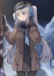 Rule 34 | 1girl, absurdres, black gloves, black hat, black jacket, black pantyhose, black scarf, black shirt, black skirt, blue eyes, brown coat, brown eyes, closed mouth, coat, commentary request, gloves, grey hair, hands up, hat, heterochromia, highres, jacket, kagura gumi, kagura mea, long hair, long sleeves, looking away, looking to the side, night, night sky, open clothes, open coat, outdoors, pantyhose, peaked cap, plaid, plaid scarf, pleated skirt, scarf, shirt, skirt, sky, smile, snow, solo, tree, twintails, very long hair, virtual youtuber, xuu shi times