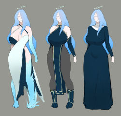 Rule 34 | blue hair, breasts, character sheet, cleavage, dress, closed eyes, fujou joshi, ice, large areolae, large breasts, lips, nun, sketch