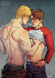 Rule 34 | 2boys, abs, alternate costume, ass, bad id, bad tumblr id, bara, black hair, black male underwear, blonde hair, blush, boxers, breath, casual, clothes lift, couple, cris art, denim, earrings, hulkling, jeans, jewelry, lifting another&#039;s clothes, male focus, male underwear, male underwear peek, marvel, multiple boys, muscular, muscular male, navel, navel hair, pants, partially undressed, shirt lift, short hair, sideburns, topless male, underwear, undressing another, wiccan, yaoi