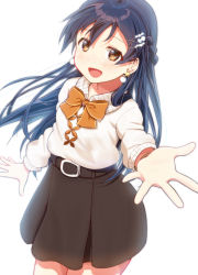 Rule 34 | 1girl, belt, birthday, blue hair, braid, commentary request, earrings, hair ornament, jewelry, long hair, long sleeves, looking at viewer, love live!, love live! school idol project, reaching, reaching towards viewer, ribbon, side braid, skirt, skull573, solo, sonoda umi, yellow eyes