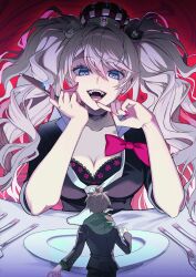 Rule 34 | 1boy, 1girl, :d, absurdres, bear hair ornament, black bra, black jacket, black shirt, blonde hair, bow, bra, breasts, cleavage, crown, danganronpa: trigger happy havoc, danganronpa (series), enoshima junko, fork, green hoodie, hair ornament, highres, hood, hood down, hoodie, jacket, knife, kusatakesi, large breasts, long hair, looking at another, mini person, miniboy, naegi makoto, nail polish, open mouth, plate, red background, red bow, red nails, shirt, smile, table, twintails, underwear, upper body