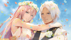 Rule 34 | 1boy, 1girl, alphen (tales), bare shoulders, blue eyes, breasts, bridal veil, bride, carrying, couple, dark-skinned male, dark skin, dress, flower, formal, gloves, hair between eyes, hair ornament, iwamoto minoru, lifting another&#039;s clothes, lifting person, long hair, looking at viewer, medium breasts, official art, pink hair, princess carry, shionne (tales), sidelocks, silver hair, smile, suit, tales of (series), tales of arise, veil, very long hair, vest, wedding, wedding dress, white dress