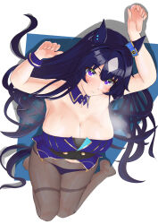 Rule 34 | 1girl, absurdres, animal ears, black footwear, black pantyhose, blue hair, blush, breasts, cleavage, commentary request, dark blue hair, earrings, full body, hair between eyes, hair ornament, highres, horse ears, horse girl, horse tail, jewelry, large breasts, long hair, looking at viewer, lying, no shoes, on back, open mouth, pantyhose, purple eyes, purple hair, simple background, single earring, smile, solo, tail, tatsu san, umamusume, uniform, verxina (umamusume), visible air, white background