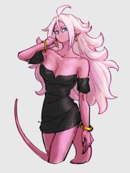 Rule 34 | 1girl, alternate costume, android 21, bare shoulders, black dress, blue eyes, breasts, cleavage, collarbone, dragon ball, dragon ball fighterz, dress, grey background, kemachiku, large breasts, long hair, looking at viewer, majin android 21, pink siin, simple background, solo, tail, white hair