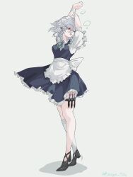 Rule 34 | 1girl, apron, arms up, ascot, black footwear, blue ascot, blue dress, bow, braid, breasts, collared shirt, commentary request, dress, frilled apron, frilled dress, frills, full body, green bow, grey background, grey hair, hair between eyes, hair bow, high heels, highres, holster, izayoi sakuya, knife, looking afar, looking to the side, maid, maid headdress, medium breasts, medium hair, negse 38u, one eye closed, open mouth, pinafore dress, red eyes, shirt, short sleeves, simple background, single sock, sleeveless dress, socks, solo, standing, thigh holster, throwing knife, touhou, twin braids, waist apron, weapon, white apron, white socks, wrist cuffs