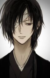 Rule 34 | 1boy, black hair, black kimono, commentary, gradient background, hair over shoulder, highres, japanese clothes, kimono, long hair, m m pb, male focus, matoba seiji, natsume yuujinchou, one eye covered, parted lips, portrait, red eyes, solo
