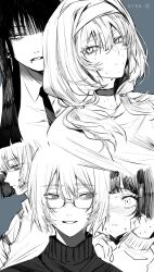 5girls blue_background blush choker choppy_bangs closed_mouth commentary dated dated_commentary earrings glasses greyscale_with_colored_background gunjyou_(gunjyou_00) hair_between_eyes hairband highres jewelry lip_piercing long_hair looking_at_viewer low_twintails mole mole_under_eye multiple_girls nervous_smile open_mouth original piercing shirt short_hair smile sweat sweater twintails wide-eyed