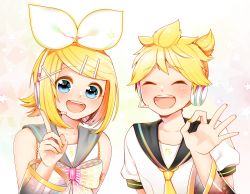 Rule 34 | 1boy, 1girl, :d, absurdres, bare shoulders, blonde hair, blue eyes, blush, bow, brother and sister, closed eyes, detached sleeves, hair ornament, hairclip, headset, highres, kagamine len, kagamine rin, looking at viewer, masumofu, nail polish, open mouth, puffy short sleeves, puffy sleeves, sailor collar, see-through, short hair, short sleeves, siblings, smile, twins, upper body, vocaloid, yellow nails