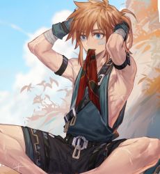 Rule 34 | 1boy, arm strap, arms up, arsh (thestarwish), bandaid, bandaid on face, bare shoulders, belt, bird, black belt, black shorts, blonde hair, blue eyes, day, foreshortening, gloves, green gloves, indian style, link, male focus, mouth hold, nintendo, outdoors, pointy ears, shorts, sitting, smile, solo, the legend of zelda, the legend of zelda: breath of the wild