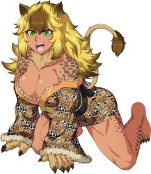 Rule 34 | 1girl, aeode, all fours, animal ears, animal hands, animal print, barefoot, blonde hair, borrowed character, breasts, brown hair, chuunioniika, claws, cleavage, commission, dark-skinned female, dark skin, fur, green eyes, highres, japanese clothes, kimono, large breasts, leopard print, lion ears, lion tail, long hair, messy hair, monster girl, multicolored hair, muscular, muscular female, original, solo, tail, thick thighs, thighs, transparent background, two-tone hair