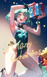 Rule 34 | 1girl, armpits, breasts, christmas, confetti, dongchuan, english text, frilled wrist cuffs, frills, gift, gradient background, gradient hair, green hair, high heels, highres, hololive, kneeling, leotard, medium hair, multicolored hair, open mouth, pom pom (clothes), red eyes, small breasts, smile, teeth, upper teeth only, uruha rushia, virtual youtuber, wrist cuffs