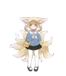 Rule 34 | 1girl, absurdres, animal ears, arknights, bag, black footwear, black skirt, blonde hair, blue shirt, braid, commentary, fox ears, fox girl, fox tail, full body, green eyes, highres, kitsune, looking at viewer, multicolored hair, multiple tails, pantyhose, parted lips, pleated skirt, shio (shiofeifei), shirt, short hair with long locks, shoulder bag, simple background, skirt, solo, standing, streaked hair, suzuran (arknights), tail, white background, white hair, white pantyhose