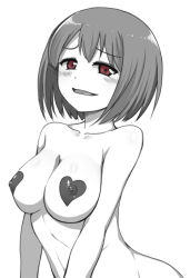 Rule 34 | 10s, 1girl, blush, breasts, covered erect nipples, greyscale, heart, heart pasties, horosuke, large breasts, looking at viewer, monochrome, nude, out-of-frame censoring, pasties, red eyes, short hair, simple background, solo, spot color, takamiya nasuno, teekyuu, white background