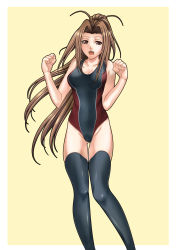 Rule 34 | 1girl, antenna hair, breasts, brown eyes, brown hair, competition swimsuit, female focus, highres, latex, long hair, one-piece swimsuit, ponytail, simple background, solo, sumi (joker), swimsuit, thighhighs