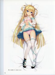 Rule 34 | 1girl, absurdres, ahoge, aqua ribbon, ascot, asymmetrical footwear, bare shoulders, bed sheet, black footwear, blonde hair, blue eyes, blunt ends, blush, bra, breasts, clothes lift, crossed bangs, dakimakura (medium), detached sleeves, eyes visible through hair, from above, frown, full body, gluteal fold, hair between eyes, hair spread out, head tilt, highres, interlocked fingers, knees together feet apart, kobuichi, leaf print, leg ribbon, long hair, long sleeves, looking at viewer, lying, miniskirt, mismatched footwear, navel, official art, on back, open mouth, own hands together, panties, pink bra, pink panties, ribbon, scan, shirayuki noa, shirt, shirt lift, shy, skirt, skirt lift, sleeveless, sleeveless shirt, small breasts, solo, straight hair, tenshi souzou re-boot!, thighhighs, thighs, two side up, underwear, very long hair, white ascot, white shirt, white sleeves, white thighhighs, wide sleeves, wing hair ornament