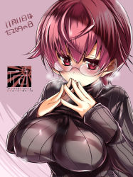 1girl blush breasts covered_erect_nipples female_focus glasses impossible_clothes large_breasts original red_eyes red_hair ribbed_sweater short_hair solo steepled_fingers sweater tokita_monta turtleneck