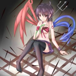 Rule 34 | 1girl, asymmetrical wings, bad id, bad pixiv id, black hair, black thighhighs, breasts, darren, female focus, highres, houjuu nue, medium breasts, no shirt, polearm, red eyes, ribbon, sitting, skirt, solo, spear, thighhighs, touhou, trident, weapon, wings