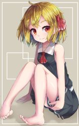 Rule 34 | 1girl, bare arms, bare shoulders, barefoot, black skirt, black vest, blonde hair, blush, breasts, brown background, closed mouth, collarbone, collared shirt, commentary request, fang, fang out, full body, hair ribbon, highres, knees up, looking at viewer, pigeon-toed, pleated skirt, red eyes, red ribbon, ribbon, rumia, shirt, sitting, skirt, sleeveless, sleeveless shirt, small breasts, smile, solo, touhou, uumaru, vest, white shirt