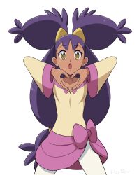Rule 34 | 1girl, :o, big hair, bow, creatures (company), dark-skinned female, dark skin, game freak, heart, heart hands, iris (pokemon), kijouyu, long hair, long sleeves, looking at viewer, nintendo, open mouth, pink bow, pokemon, pokemon (anime), pokemon bw (anime), purple hair, simple background, solo, two side up, very long hair, white background, yellow eyes
