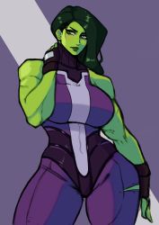 Rule 34 | 1girl, absurdres, animification, bodysuit, breasts, colored skin, commentary, english commentary, green eyes, green hair, green skin, hand on own neck, highres, large breasts, looking to the side, marvel, muscular, muscular female, purple background, she-hulk, sleeveless, sleeveless bodysuit, solo, thighs, torn bodysuit, torn clothes, zpark