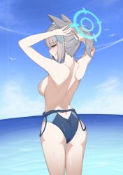 Rule 34 | 1girl, absurdres, animal ear fluff, animal ears, arms up, ass, back cutout, backboob, bird, blue archive, blue eyes, blue one-piece swimsuit, blue sky, blush, breasts, clothes pull, clothing cutout, competition swimsuit, contrail, cross hair ornament, day, from behind, grey hair, hair ornament, halo, hasarang, highres, horizon, long hair, looking at viewer, looking back, medium breasts, mouth hold, ocean, one-piece swimsuit, one-piece swimsuit pull, outdoors, ponytail, shiroko (blue archive), short ponytail, sideboob, sky, solo, swimsuit, thigh gap, topless, tying hair, water, wolf ears