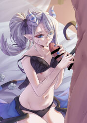 Rule 34 | 1boy, 1girl, bar censor, bed, bed sheet, black bra, black panties, blue eyes, blue nails, bow, bow panties, bra, bra lift, breasts, censored, collarbone, demon girl, fellatio, fingernails, hair ornament, half-closed eyes, hetero, highres, horns, legs together, long hair, monocle, nail polish, navel, nipples, off shoulder, on bed, open bra, open mouth, oral, panties, penis, pointy ears, sitting, small breasts, solo focus, strap slip, tail, twintails, underwear, used tissue, wings