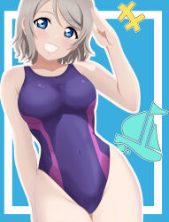Rule 34 | absurdres, armpit crease, bare shoulders, blue eyes, breasts, brown hair, competition swimsuit, covered navel, highres, looking at viewer, love live!, love live! sunshine!!, navel, one-piece swimsuit, salute, short hair, simple background, smile, swimsuit, thighs, watanabe you, zanpon