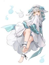 Rule 34 | 1girl, absurdres, bare legs, barefoot, bloomers, blue bow, blue bowtie, blush, bow, bowtie, copyright request, dress, feet, frilled dress, frilled sleeves, frilled underwear, frills, highres, hood, long sleeves, looking at viewer, shiro wa (shiroshironix), simple background, solo, underwear, white background, white bloomers, white dress, white hair, white hood, yellow eyes