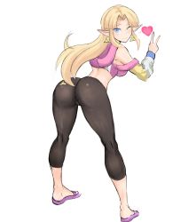 Rule 34 | ;), ass, bad id, bad twitter id, bent over, blonde hair, cameltoe, capri pants, clothing cutout, contemporary, cropped hoodie, earrings, from behind, full body, highres, hood, hood down, hoodie, jewelry, kneepits, long hair, long pointy ears, looking at viewer, looking back, midriff, nintendo, one eye closed, pants, pointy ears, princess zelda, rakeemspoon, sandals, shoulder cutout, skin tight, smile, solo, the legend of zelda, the legend of zelda: a link between worlds, the legend of zelda: a link to the past, tight clothes, tight pants, triangle earrings, triforce, triforce print, v, white background, wink