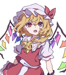 Rule 34 | 1girl, absurdres, ascot, blonde hair, bow, buttons, crystal, fang, fangs, flandre scarlet, frilled shirt collar, frilled sleeves, frills, hat, hat ribbon, highres, kame (kamepan44231), looking up, mob cap, one-hour drawing challenge, one side up, open mouth, puffy short sleeves, puffy sleeves, red bow, red eyes, red ribbon, red skirt, red vest, ribbon, shirt, short hair, short sleeves, side ponytail, simple background, skirt, solo, touhou, vest, white background, white hat, white shirt, wings