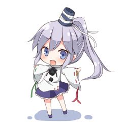 Rule 34 | 1girl, chibi, hat, japanese clothes, kariginu, long hair, looking at viewer, mononobe no futo, open mouth, outstretched arms, ponytail, shichikaku, silver hair, simple background, skirt, smile, solo, tate eboshi, touhou, white background