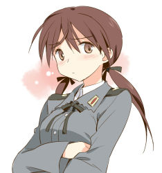 Rule 34 | 1girl, asoka, black ribbon, blush, brown eyes, brown hair, crossed arms, gertrud barkhorn, hair ribbon, long hair, long sleeves, military, military uniform, ribbon, solo, strike witches, twintails, uniform, upper body, world witches series