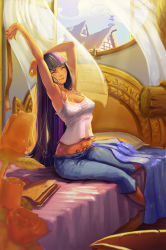 Rule 34 | 1girl, book, breasts, closed eyes, highres, hip tattoo, long hair, midriff, multicolored hair, my little pony, my little pony: friendship is magic, navel, pants, personification, pink hair, purple eyes, purple hair, sitting, solo, streaked hair, tattoo, twilight sparkle