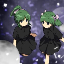 Rule 34 | 2girls, black shirt, black skirt, blue eyes, bow, closed mouth, collared shirt, commentary request, empty eyes, expressionless, green hair, hair bow, kaigen 1025, mai (seihou), mei (seihou), multiple girls, polo shirt, ponytail, seihou, shirt, short twintails, siblings, skirt, twins, twintails, white bow