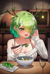 1girl absurdres alternate_costume antlers blush bowl breasts cable_knit ceres_fauna chopsticks cleavage commentary dio_dio english_commentary eyes_visible_through_hair flower food glass green_hair green_nails hair_flower hair_ornament hair_over_one_eye hairclip highres holding holding_chopsticks holding_with_chopsticks hololive hololive_english horns indoors large_breasts leaf light_bulb long_sleeves mole mole_under_eye noodles off-shoulder_sweater off_shoulder open_mouth restaurant short_hair signature sitting solo soup sweater virtual_youtuber white_flower white_sweater yellow_eyes