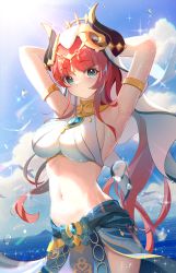 Rule 34 | 1girl, absurdres, armlet, armpits, arms behind head, arms up, blue gemstone, blue sky, breasts, brooch, chinese commentary, circlet, closed mouth, cloud, commentary request, cowboy shot, crop top, day, gem, genshin impact, gold trim, harem outfit, heart, heart in eye, highres, jewelry, large breasts, long hair, looking at viewer, low twintails, navel, neck ring, nilou (genshin impact), ocean, outdoors, parted bangs, red hair, revision, shirt, sideboob, sidelocks, skirt, sky, sleeveless, sleeveless shirt, solo, sparkle, standing, stomach, sunlight, symbol in eye, thighs, twintails, vision (genshin impact), water, water drop, wet, wet clothes, white headdress, zhuchengbi