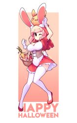Rule 34 | 1girl, absurdres, animal ears, arm up, basket, breasts, carrot, cleavage, cloak, contrapposto, dress, fiz (fizintine), fizintine, frilled skirt, frills, full body, gloves, happy halloween, highres, holding, holding basket, hood, hooded cloak, large breasts, legs together, looking at viewer, object on head, one eye closed, original, pumpkin, rabbit ears, rabbit girl, rabbit tail, red footwear, short sleeves, simple background, skirt, solo, tail, thighhighs, underbust, white gloves, white thighhighs, zettai ryouiki