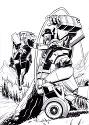 Rule 34 | 2boys, autobot, clenched hand, commentary, commission, decepticon, derivative work, english commentary, fighting, highres, jazz (transformers), lineart, marvel, mecha, monochrome, mountain, multiple boys, nick roche, no humans, open hand, open mouth, parody, ravage (transformers), robot, scene reference, transformers, visor