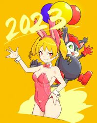 Rule 34 | 1girl, 2023, animal ears, ass, blonde hair, blush stickers, breasts, chinese zodiac, cleavage, dated, detached collar, digimon, digimon xros wars, digimon xros wars: toki wo kakeru shounen hunter-tachi, fake animal ears, green eyes, hand on own hip, highres, leotard, long hair, looking at viewer, medium breasts, opossum, opossummon, pink eyes, pink leotard, playboy bunny, rabbit ears, salute, suzaki airu, twintails, wide hips, year of the rabbit, yellow background