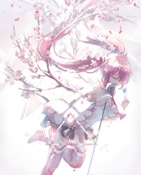 Rule 34 | 1girl, bad id, bad pixiv id, boots, cherry blossoms, closed eyes, detached sleeves, dress, floating hair, hatsune miku, holding, holding microphone, long hair, lyodi, microphone, open mouth, petals, pink footwear, pink hair, pink thighhighs, sakura miku, smile, solo, thigh boots, thighhighs, twintails, very long hair, vocaloid, white dress