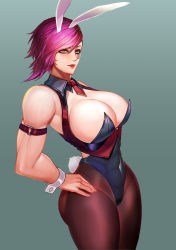 Rule 34 | 1girl, animal ears, badcompzero, bare shoulders, black leotard, breasts, brown pantyhose, character name, cleavage, commentary, covered abs, cowboy shot, detached collar, fake animal ears, from side, gradient background, green background, hand on own hip, highres, large breasts, league of legends, leotard, muscular, muscular female, necktie, pantyhose, pink hair, playboy bunny, rabbit ears, red lips, red necktie, shiny skin, short hair, short necktie, smile, solo, vi (league of legends), wrist cuffs